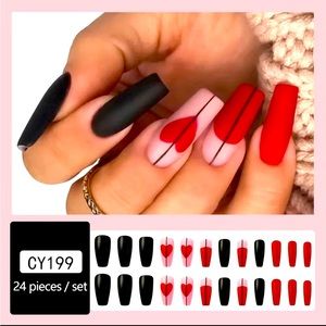 Press on nails red & black heart print